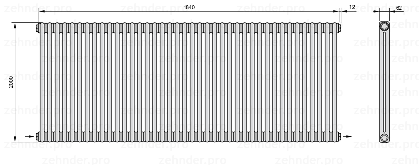 Схема (чертеж) Радиатор Zehnder Charleston 2200/40 №2670 Белый глянцевый RAL 9016